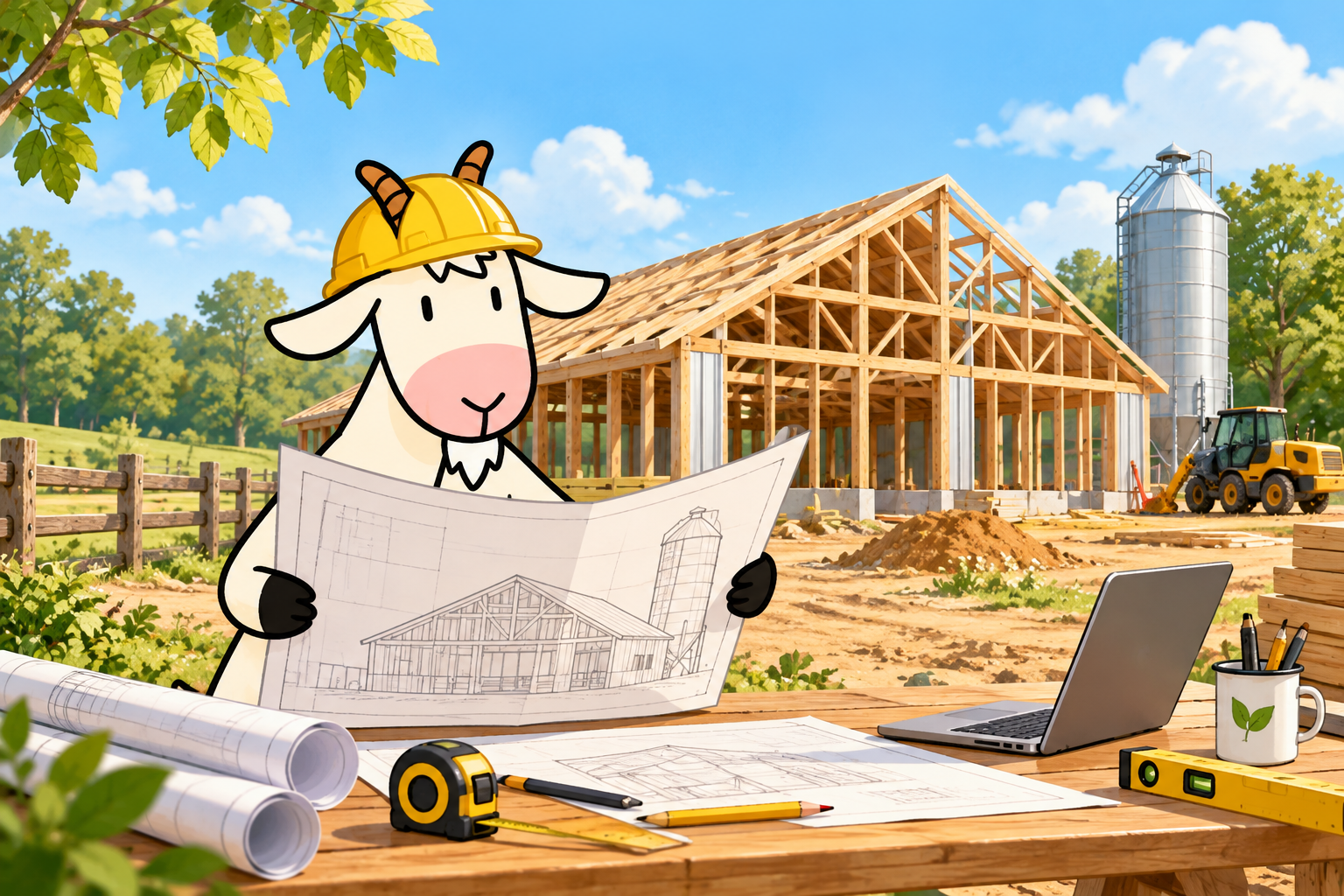 Illustration of the Friendly goat in a hard hat reviewing plans — a symbol of our planning, not the actual facility