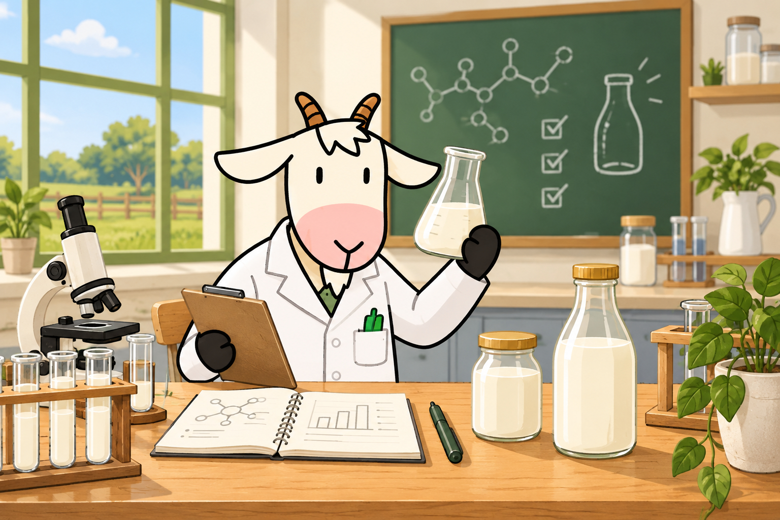 Illustration of the Friendly goat in a lab coat holding a flask of milk
