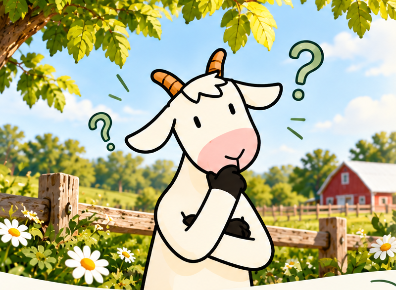 Illustration of Friendly, the goat, thinking under a sunny farm sky with daisies and a red barn
